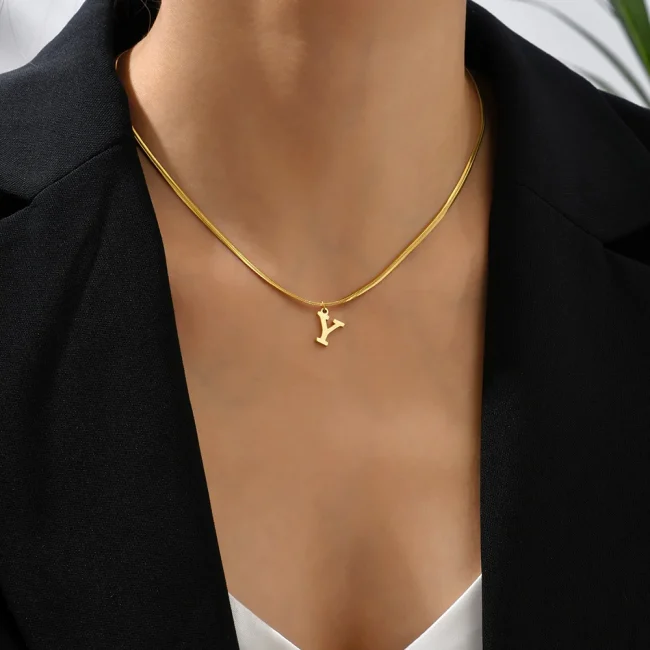 A-Z Alphabet Gold Plated Stainless Steel Pendant Necklace for Women Snake Chain Initial Letter Clavicle Necklaces Collar Jewelry 2