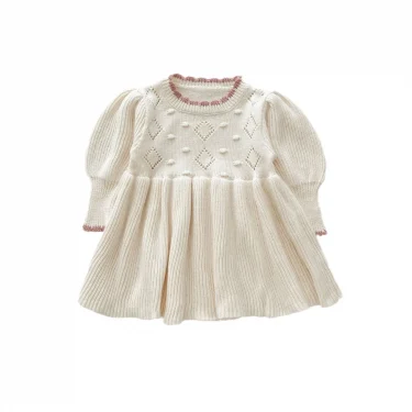 Korean Autumn Winter Baby Girls Dress Cotton Knittted Lantern Sleeve Ruched Princess Toddler Girls Dress Kids Girls Knitwears 5