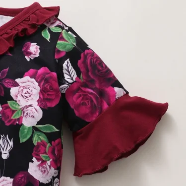 0-18Months Newborn Baby Girls Gorgeous Rose Floral Ruffle Short Sleeve Jumpsuit + Headband Toddler Baby Girl Festival Costumes 5