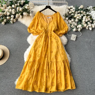 Retro Elegant Embroidery Hollow Out V Neck Chiffon Dress A-line Long Sleeve Casual High Waist Dress Women Summer Clothing 1