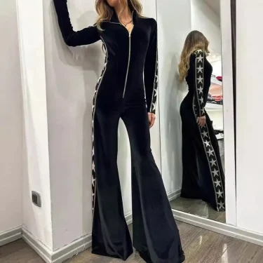Fashion Velvet Patchwork Printed Romper, Women's New Autumn High-neck Zipper Long-sleeved Micro-trumpet Romper, Elegant Jumpsuit 1