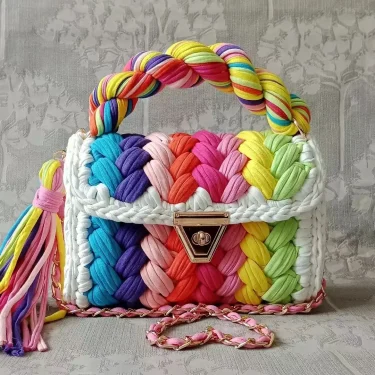 Lady Shoulder Bag Handmade Crochet Bag Woven Bag Fabric Strip Luxury Designer Handbag Purses for Women Tote Bags 6