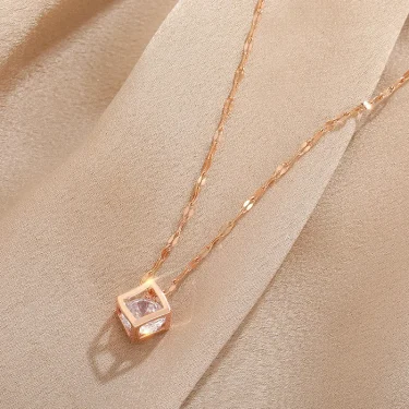 Classic Zircon Crystal Inside Hollow Square Stainless Steel Necklace For Women Korean Fashion Sexy Female Clavicle Chain Jewelry 2