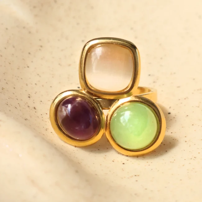 Uself Luxury High-Grade Natural stone Flower Golden Adjustable Ring Fashion 304 Stainless Steel Cast Technology Charm Jewelry 6