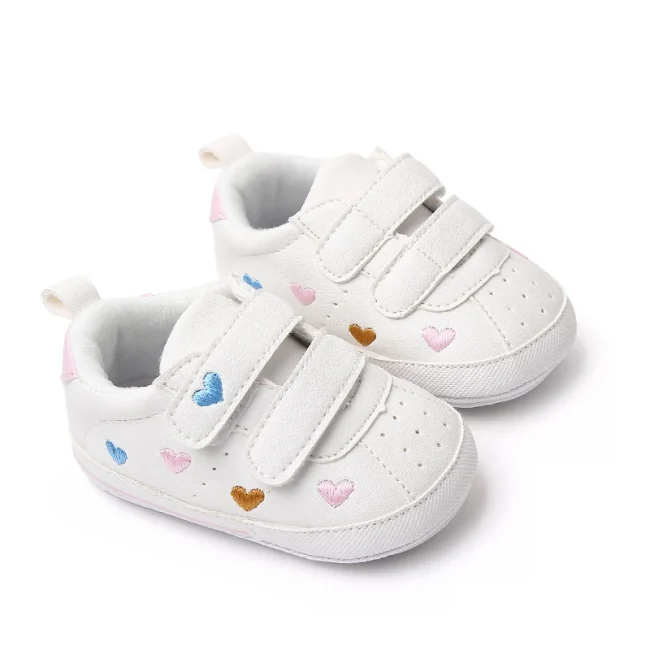 Baby White PU Sneaker Non-slip for Toddler Boys and Girls Cute Embroidery Stars and Hearts 6