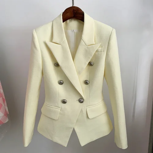 HIGH STREET Newest 2025 Classic Designer Blazer Women's Lion Buttons Double Breasted Slim Fit Textured Blazer Pastel yellow 1