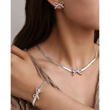 Stainless Steel Jewelry Set Blade Chain Bow Design Bracelet Necklace Earrings 3 Piece Jewelry Set For Women Jewelry Party Gifts 2