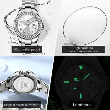 OLEVS Original Diamond Dial Quartz Watch for Women Fashion Ladies Watches Stainless Steel Waterproof Luminous Women's Wristwatch 4