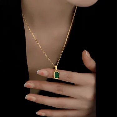 Retro Square Green Zircon Pendant Necklace For Women Titanium Steel Necklace Girls Wedding Engagement Jewelry 1