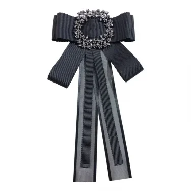 Korean Fashion Bow Tie Brooches Pins Handmade Black Fabric Crystal Bows Necktie Female Shirt Collar School Uniform Accessories 2