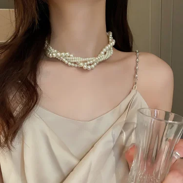 Korean Style Twining Pearl Choker Necklaces for Women Geometric Necklaces Weddings Bride Jewelry Accessories 4