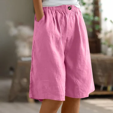 Women's Fashion Solid Color Pants Pocket Button Up Capris Loose Elastic Waist Cotton Linen Shorts 3