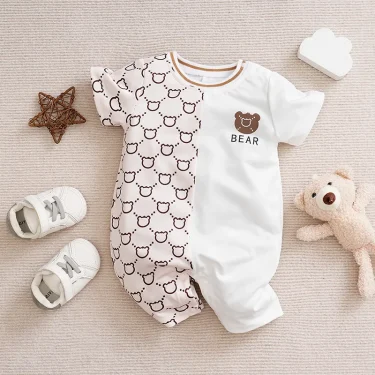 Newborn Clothes Cute Cartoon Patchwork Teddy Bear Comfortable And Soft Summer Boys And Girls 0-18 Short Sleeved Baby Jumpsuit 2