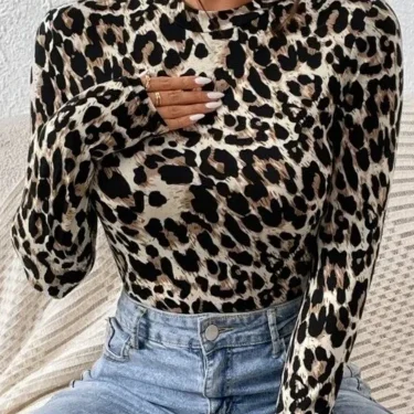 Sexy Tight Women's Bodysuits Women's Small Stand Collar Long Sleeve Fashion Leopard Print Tight Girly Style Bodysuit Top 2