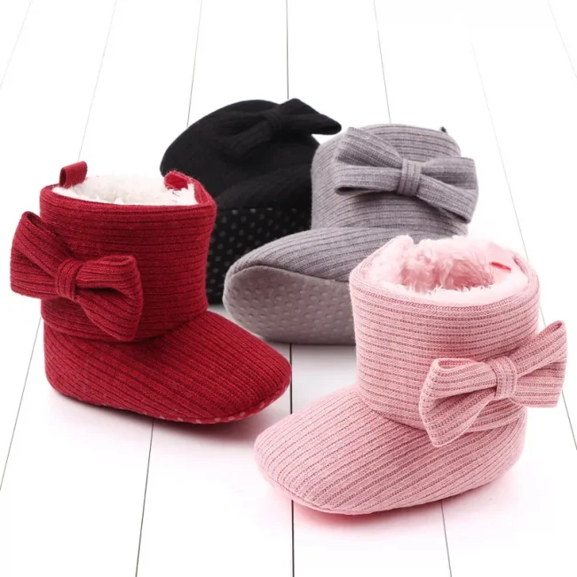 Baby Ankle-covered Boots Cute Bowknot Warm Lining Winter Infant First Walking Shoes for Baby Girls Soft Cotton Sole Baby Likes 1