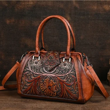 New Vintage Embossed Handmade Handbag For Women Versatile PU Leather Shoulder Bag Large Capacity Crossbody Bags Female 2