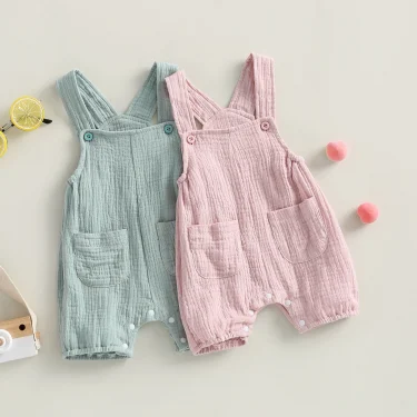 pudcoco Baby Summer Suspenders Jumpsuit Solid Color Sleeveless Romper with Pockets for Newborn Infant Boy Girls 1