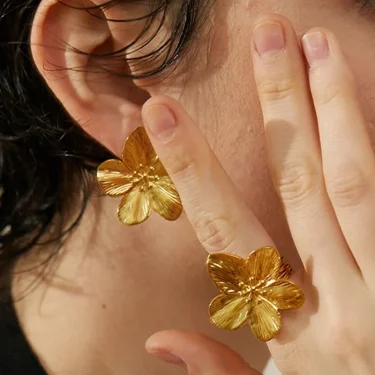 New Trendy Stainless Steel Flower Stud Earring Ring Charm 18K Gold Plated High Quality Statement For Women Jewelry Set Gifts 2
