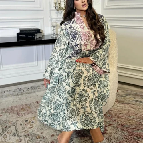 Siskakia Ramadan Dubai Elegant Floral Print Abayas For Muslim Women's Flare Sleeve Dress Casual Loose Kebaya 1