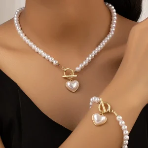KMVEXO 2pcs Elegant Pearl Heart Pendant Necklaces Bracelet Set Women Imitation Pearls Chain OT Buckle Korean Jewelry Sets Girls 1
