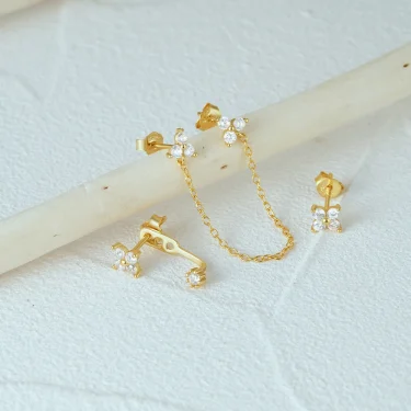 Aide 925 Sterling Silver 3pcs Set Two Stud Tassel K Gold Chain Flower Zircon Earrings For Women Fine Jewelry Valentine Day Gift 3
