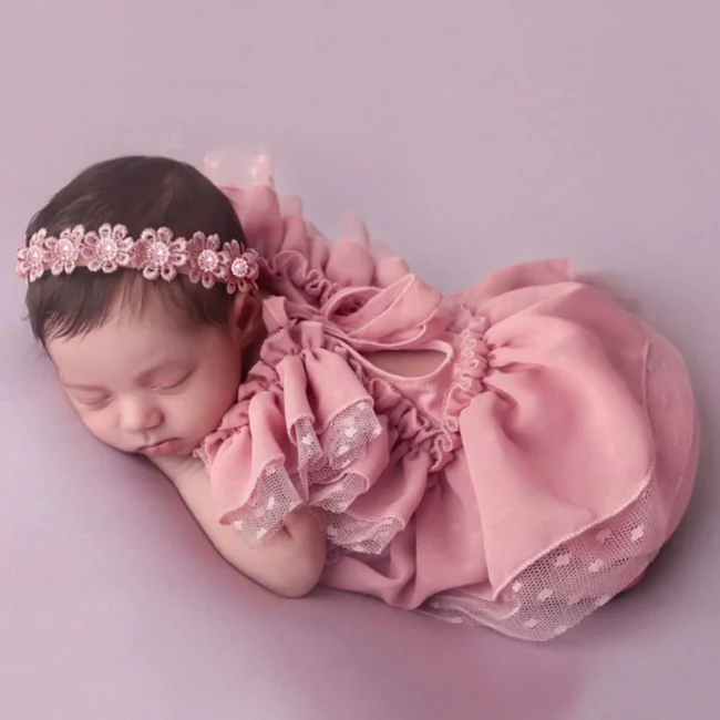 Ylsteed 2 Pieces Set Dusty Pink Chiffon Newborn Romper with Bow Hairband Dot Lace Baby Photography Outfits 3