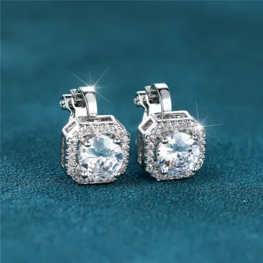 Female Cute Small Clip Earrings White Zircon Round Stone Earrings For Women Vintage Silver Color Crystal Jewelry Bridal Earrings 2