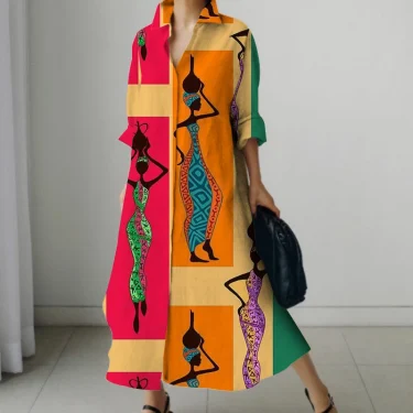2023 Autumn New Printed Retro Skinny Dress Womens Senior Loose Casual Straight Long Novelty Mudman Printed Colorful Shirt Dresse 1