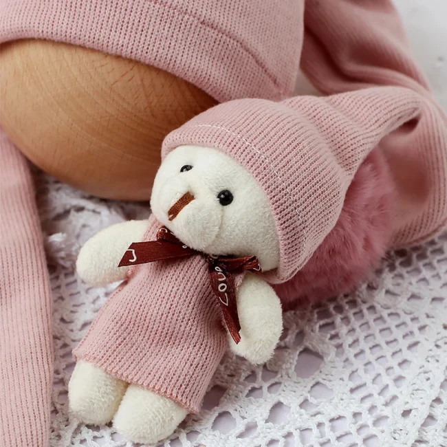 Ylsteed 3 Pieces Set Newborn Jumpsuit Tail Pom Hat Set with Mini Doll Pink Baby Photography Outfit New born Girl Photo Props 6