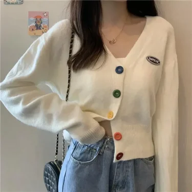 Cardigan for Women Long Sleeve Knitted Sweaters Sweater Cropped Crochet Kawaii V Neck Cardigans Woman Black Tops Cute 2024 Trend 3