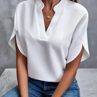 Summer Elegant Women's Blouse New V-neck Short Sleeve Solid Color Loose Shirt Casual White Tops Office Lady Blouses 1