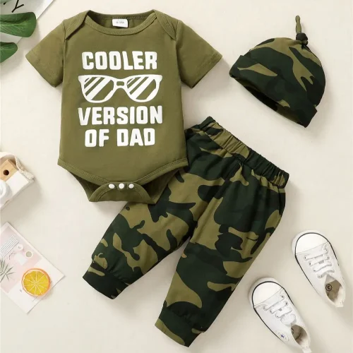 0-18 Months Newborn Baby Boy 3PCS Clothes Set Letters Print Short Sleeve Romper + Camouflage Pants with Hat Casual Outfit 1