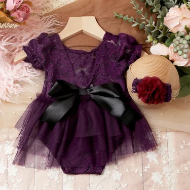 Ylsteed Purple Dusty Pink Newborn Lace Photography Outfits Big Bow Mesh Romper with Hairband Baby Girl Photography Clothes 3