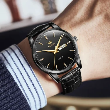 OLVES Top Brand Men's Watches Original Simple Blue Face Quartz Wristwatch for Man Waterproof Leather Strap Business Watch Casual 4