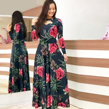 Spring /Autumn Fashion Flower Long Sleeved O-Neck Hollow Slim Fit Dress Women Elegant Long Vestido Maxi Clothes Robe Sexy Femme 1