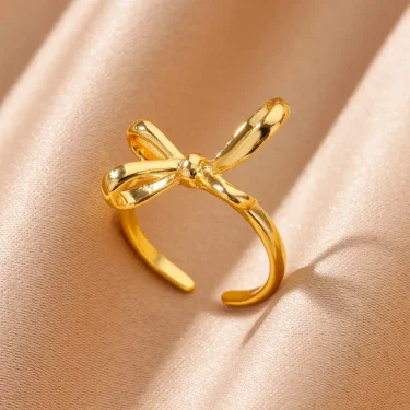 Stainless Steel Bow Knot Opening Rings For Women Cute Gold Plated Geometric Adjustable Ring Simple Jewelry Accesorios anillos 2