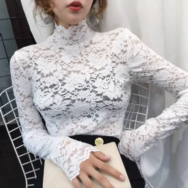 Women Blouse Half High Collar Long Sleeves Lace Top See-Through Slim Lace Crochet Patchwork Hollow Lady Tee Top Streetwear 4