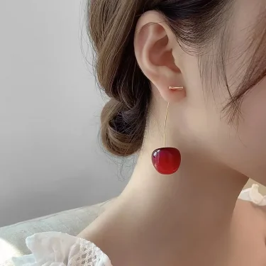 Sweet Red Cherry Earrings Ladies Fashion Delicate Fruit Design Drop Dangle Earrings Wedding Party Korean Ear Jewelry Gift 2