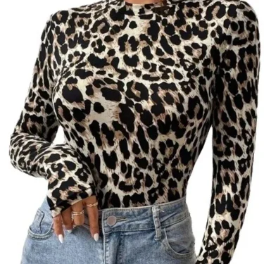 Sexy Tight Women's Bodysuits Women's Small Stand Collar Long Sleeve Fashion Leopard Print Tight Girly Style Bodysuit Top 6