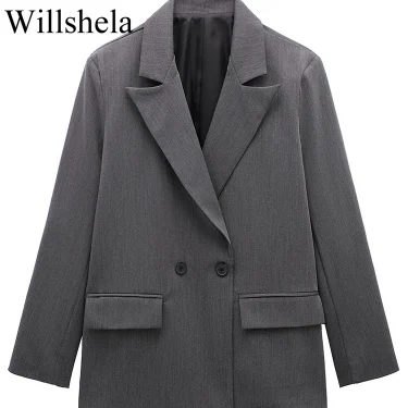 Willshela Women Fashion With Pockets Solid Double Breasted Blazer Vintage Long Sleeves Notched Neck Female Office Lady Outfits 2
