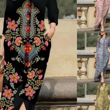 Vintage Flower Print Loose Shirt Dress Autumn Fashion Lapel Collar Button Dress Women Casual Long Sleeve Pocket Maxi Dresses 5