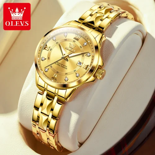 OLEVS Women‘s Watches Luxury Fashion Gold Small Wristwatch for Ladies Original Waterproof Rhombus Stainless Steel Strap Date 1