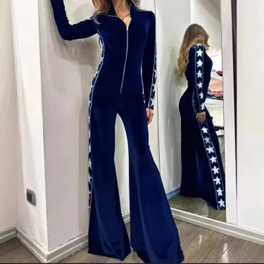 Fashion Velvet Patchwork Printed Romper, Women's New Autumn High-neck Zipper Long-sleeved Micro-trumpet Romper, Elegant Jumpsuit 4