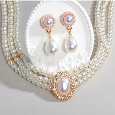 New Bride Jewelry Set Fashion Elegant Rhinestone Imitation Pearl Beaded Neck Chain Necklace For Women Wedding Accessories 2