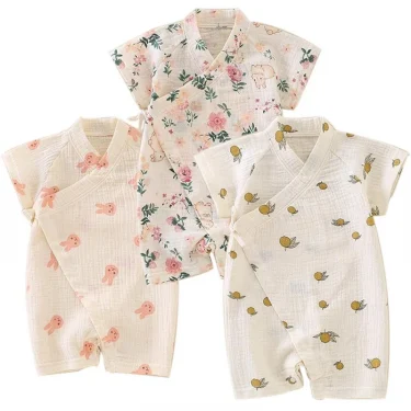 Newborn Baby Thin Gauze Jumpsuit Breathable Soft Children Short Sleeve Crawling Suit Cute Boys Girls Infant Bodysuit Kid Rompers 3