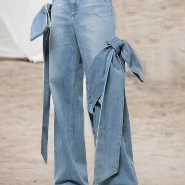 Europe and The United States New Spring Jeans Washed Make Old Patchwork Bow Wide Leg Pants Design Sense Long Jeans for Women 1