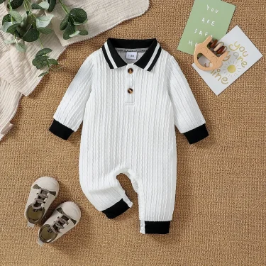 Baby Boys Autumn Solid WhiteTurn-down Collar Casual Daily Jumpsuit With Button For Newborn-18M Clothing Wear 1