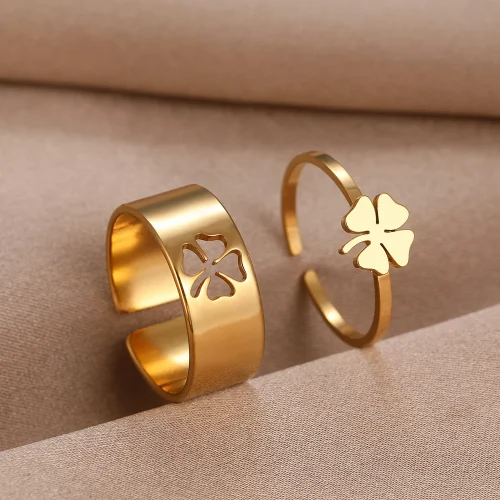 Stainless Steel Rings Trendy Vintage Clover Fashion Adjustable Couple Ring For Women Jewelry Wedding Eachother Gifts 2Pcs/set 1