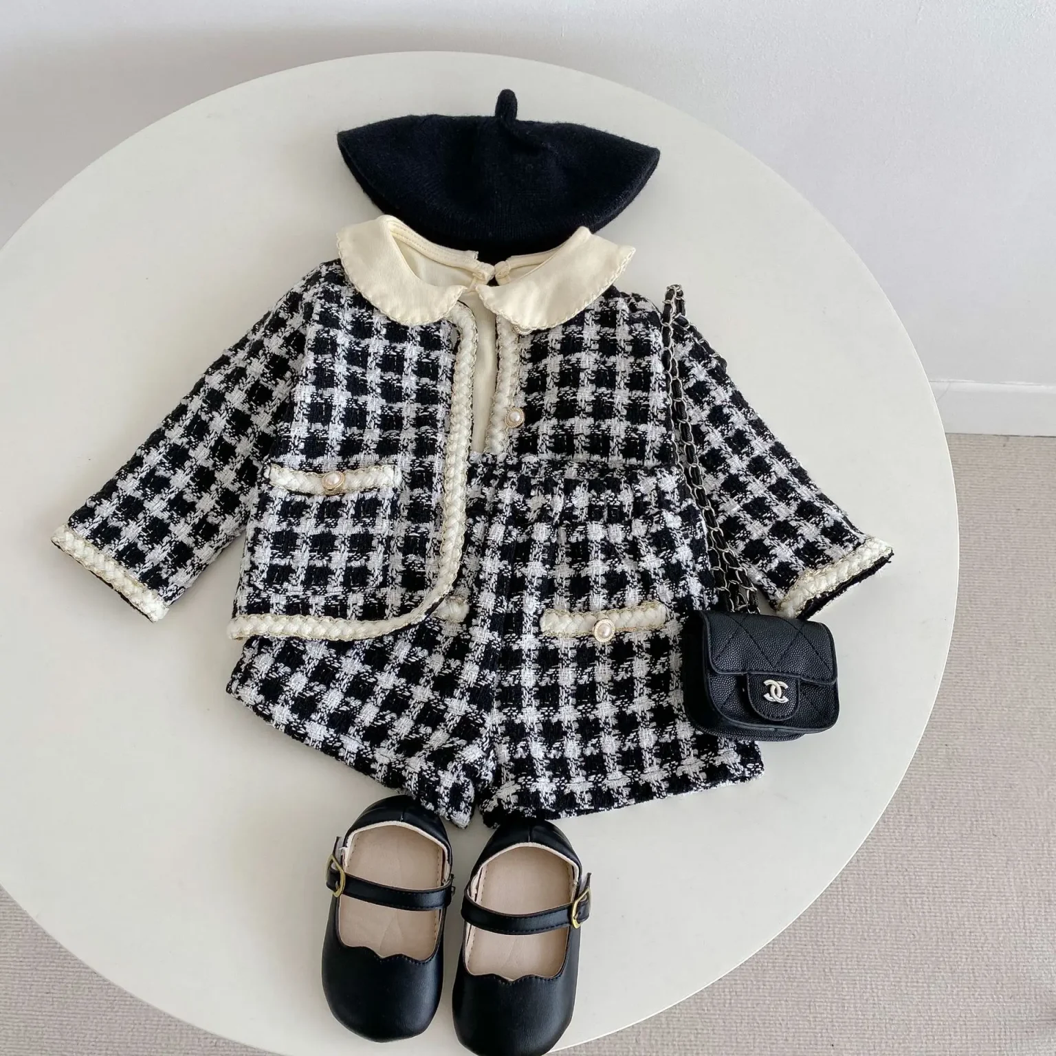 Two Piece Set For Spring And Autumn New Baby Boys And Girls' Tweed Black Plaid Long Sleeved Shirt With Open Coat And Short Pant 3