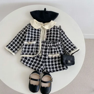 Two Piece Set For Spring And Autumn New Baby Boys And Girls' Tweed Black Plaid Long Sleeved Shirt With Open Coat And Short Pant 3